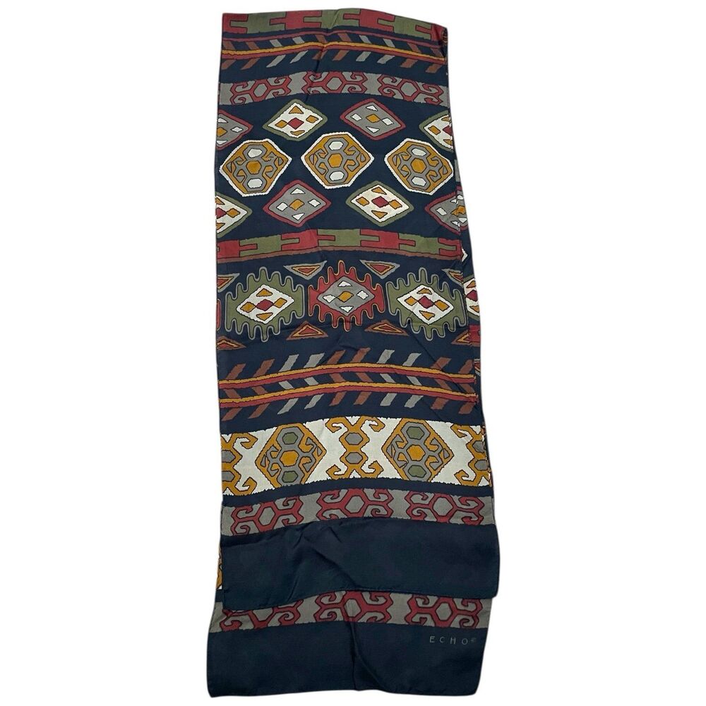 Vtg Echo 100% Silk Scarf Geometric Aztec Tribal Print Brown Red Black 26"x10.5"